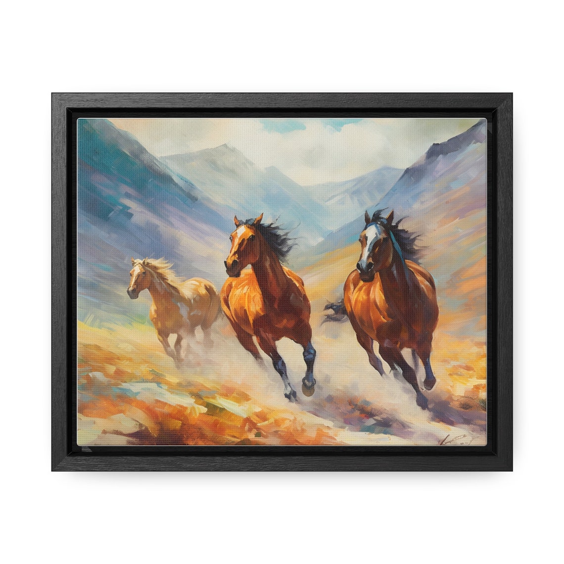 Wild Mustangs Galloping Through a Misty Mountain Valley Poster - Image 4