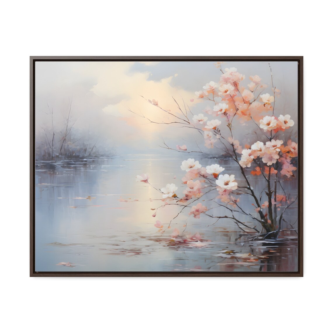 Pink Blossom Lake At Dawn Soft Pastel Floral Landscape Poster - Image 4