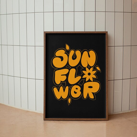 Sunflower Bubble Letters Retro Orange Floral on Black Art Print