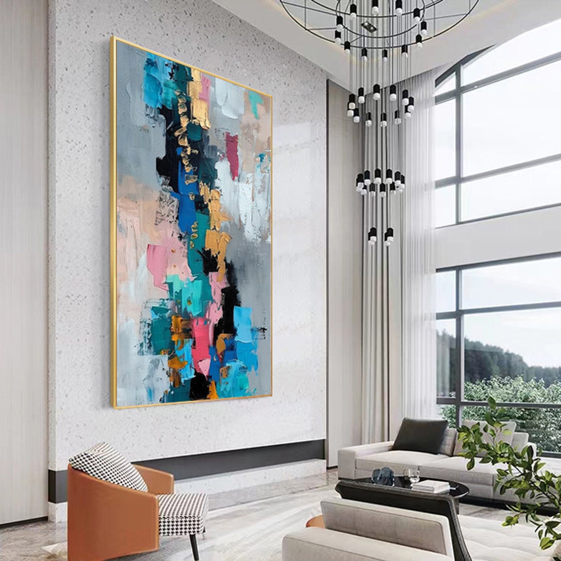 Tall Blue Pink and Gold Vertical Abstract Modern Canvas Poster - Image 3