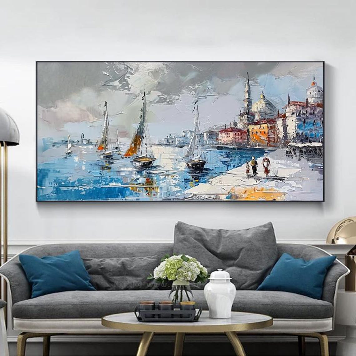 Sailboats In European Harbor Coastal Town Scene Painting Poster - Image 6