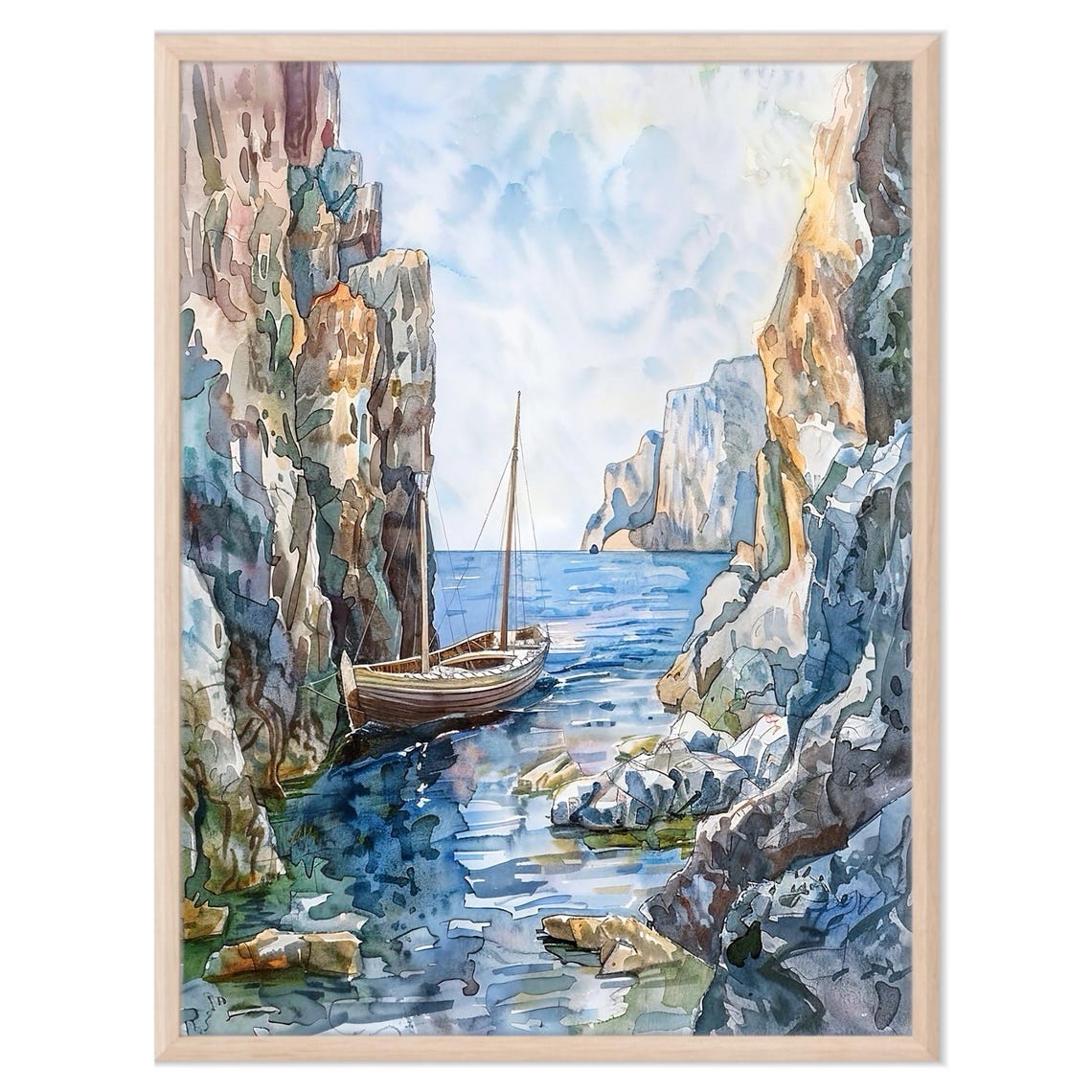 Sailboat Resting Between Sunlit Rocky Cliffs Watercolor Poster