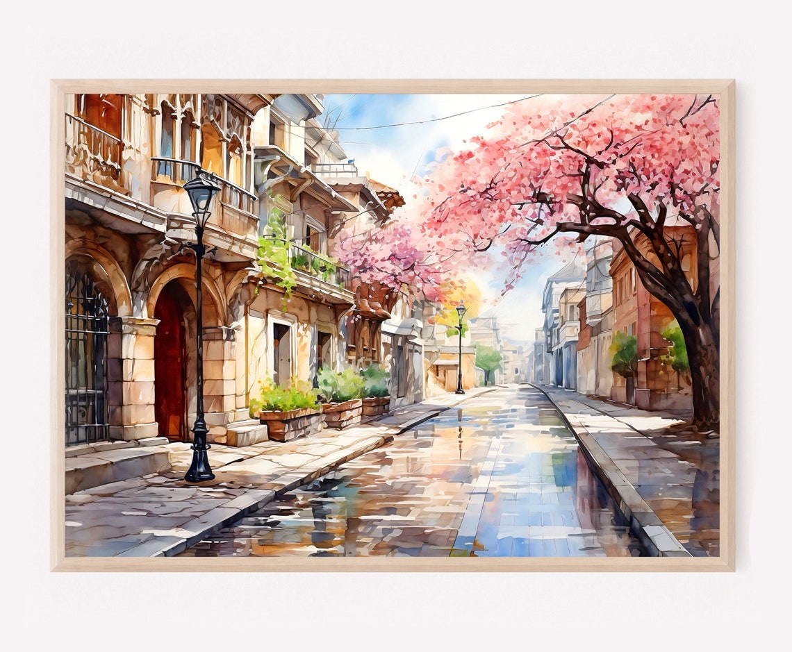 Sofia Bulgaria Spring Cherry Blossom Street Watercolor Poster