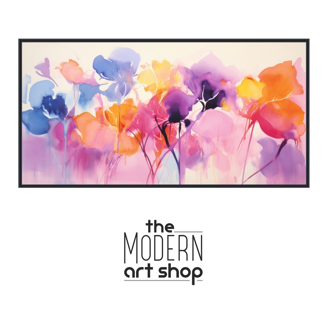 Vibrant Panoramic Watercolor Flower Field Purple Pink Art Poster - Image 4