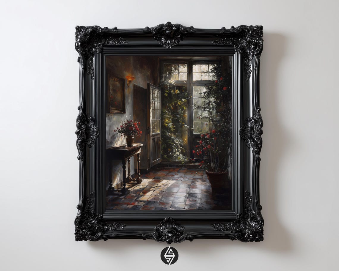 Sunlit Conservatory Interior Vine Roses Moody Dark Academia Poster