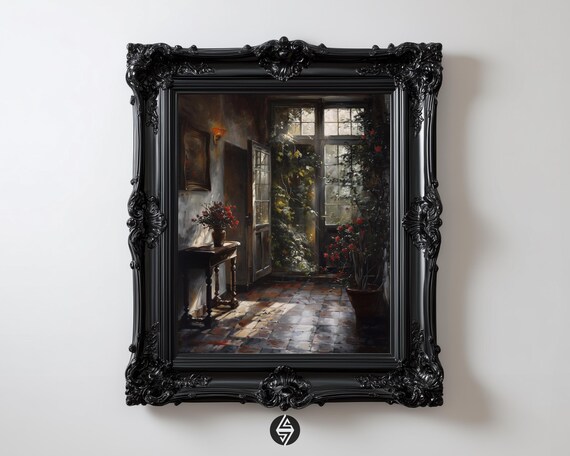 Sunlit Conservatory Doorway Gothic Print Moody Victorian Interior Dark Academia Art Floral Window Oil Painting 88