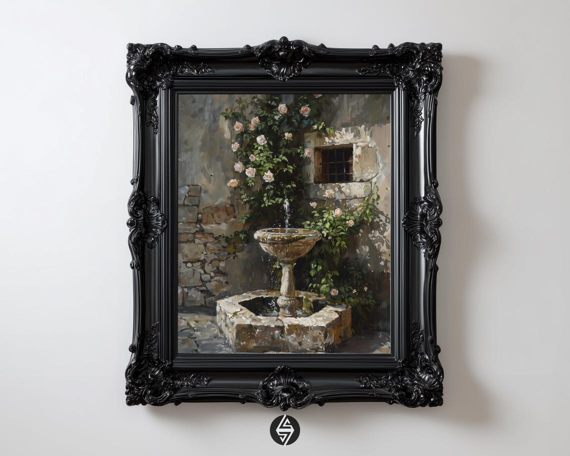 Old World Courtyard Fountain With Climbing Roses Wall Art Dark Academia Gothic Medieval Decor Instant 87