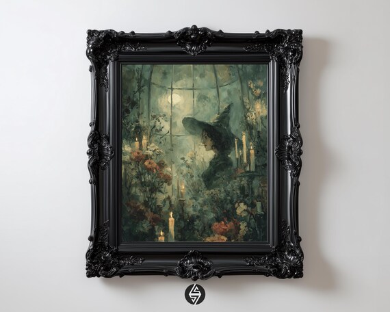 Moonlit Greenhouse Witch Print Dark Academia Gothic Wall Art Moody Botanical Candles Vintage Oil Style 76