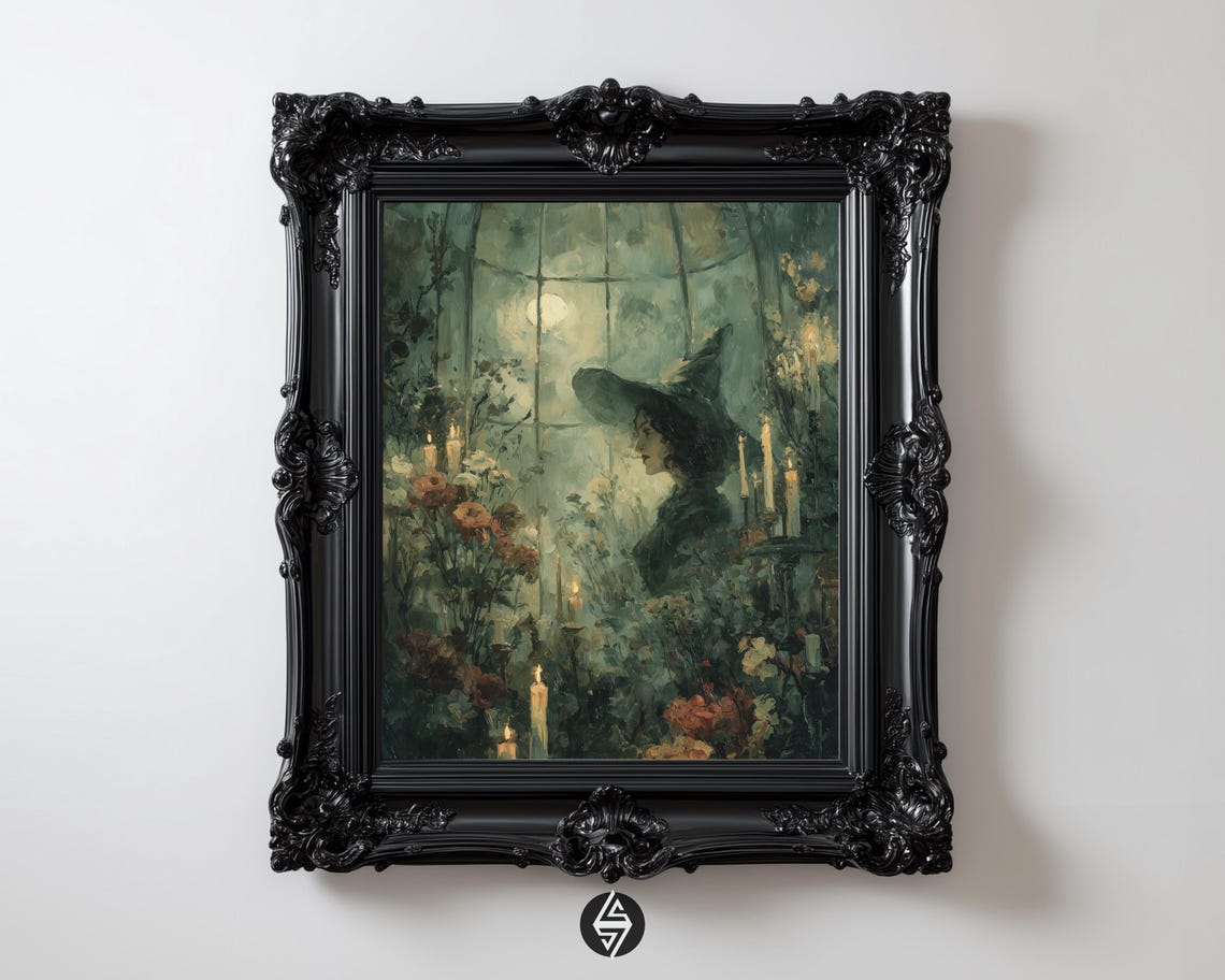 Moonlit Greenhouse Witch Botanical Candle Green Gothic Oil Poster