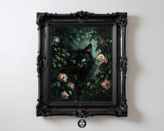 Roseveil Familiar Gothic Black Cat Among Roses Wall Art Dark Academia