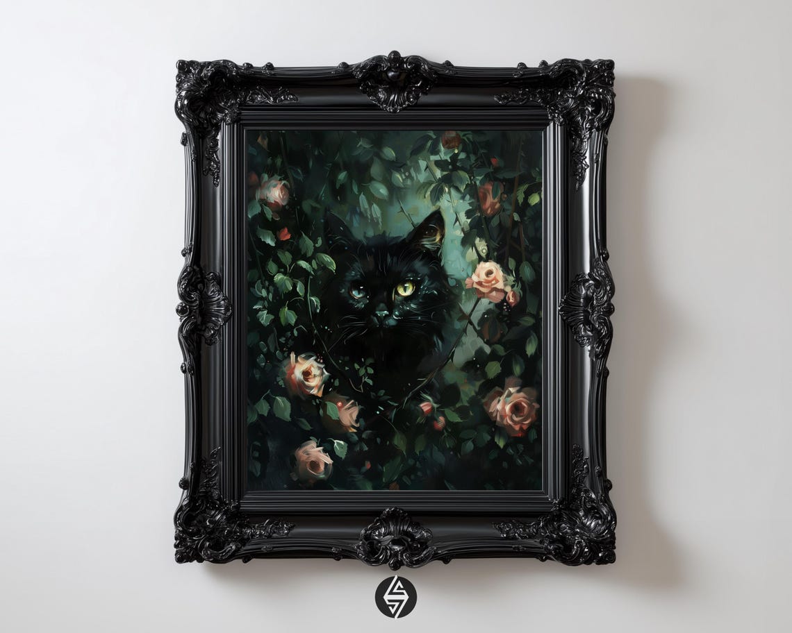 Gothic Black Cat Among Roses Moody Oil Painting Halloween Wall Art
