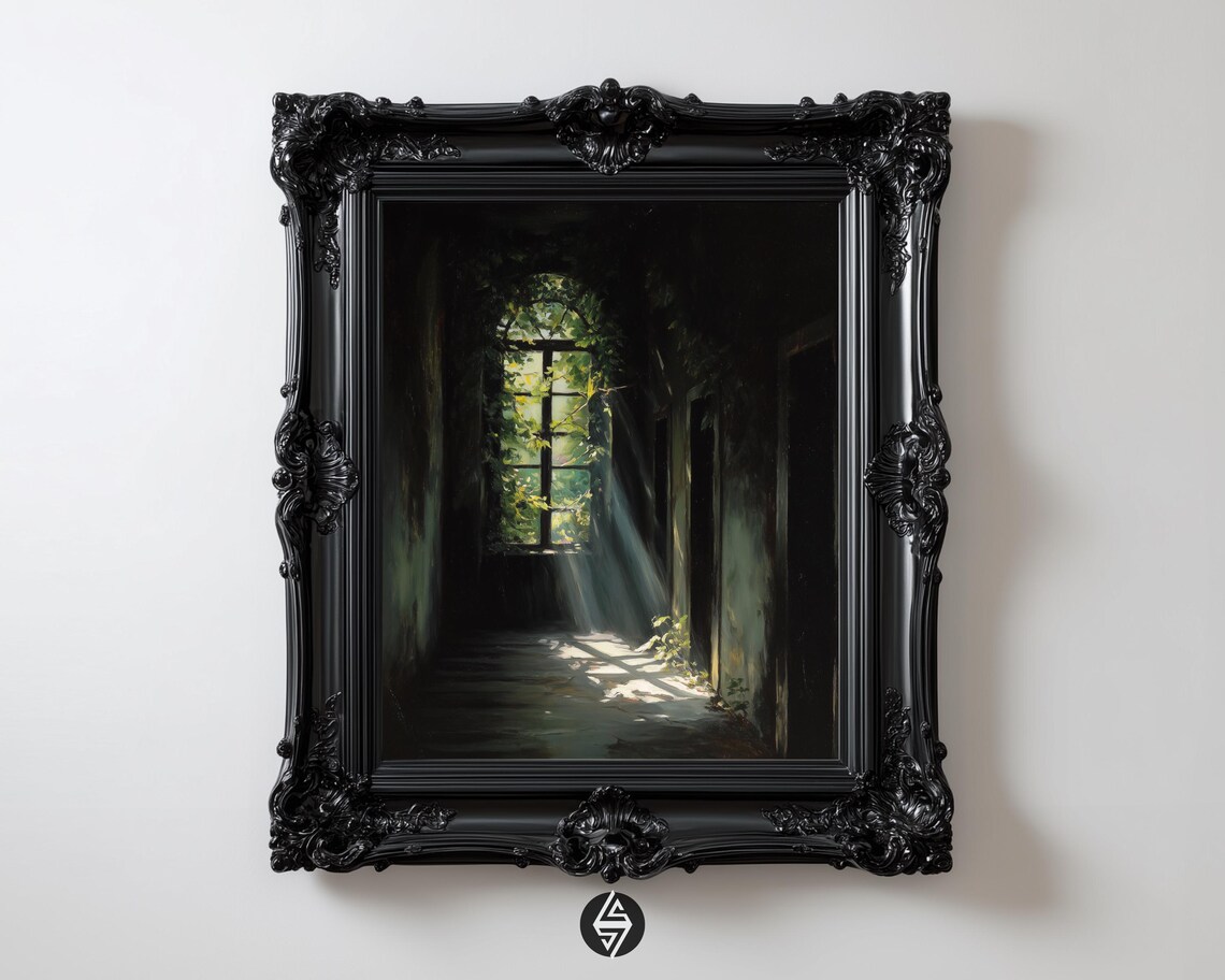 Sunlit Ivy Window, Gothic Dark Academia Art Print
