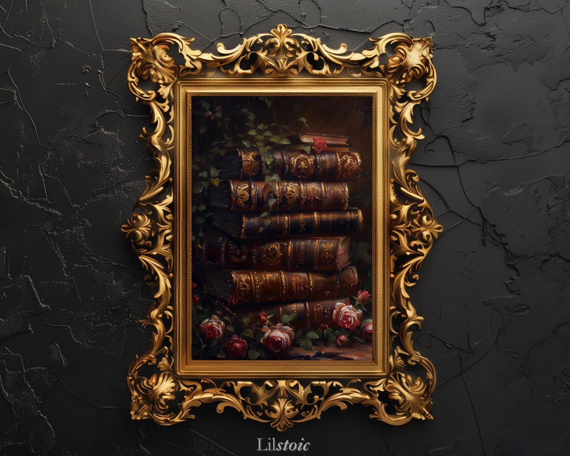 Antique Leather Books With Ivy And Roses Dark Academia Art Print
