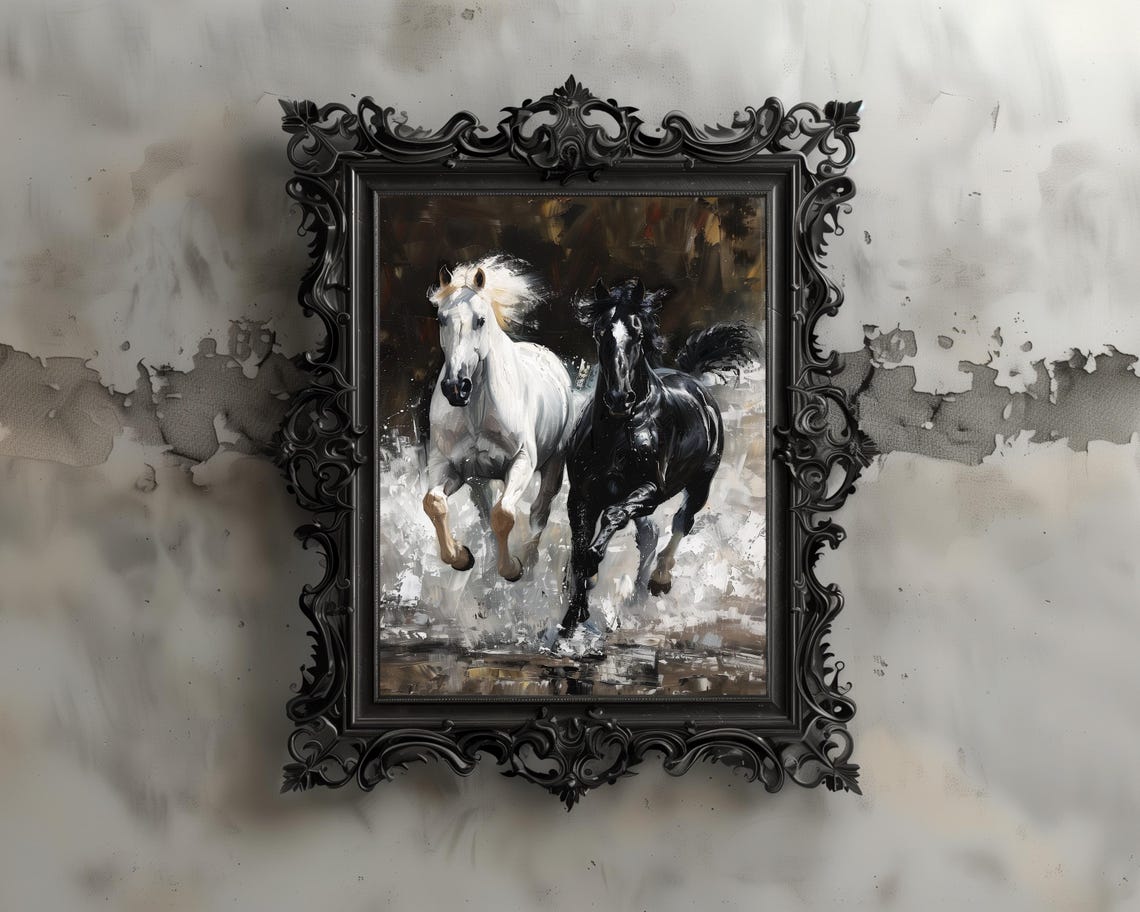 Black And White Horses Art Print Gothic Dark Academia Decor