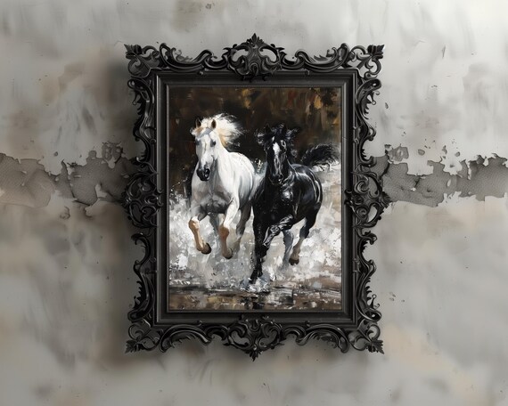 Black And White Horses Art Print Gothic Dark Academia Decor