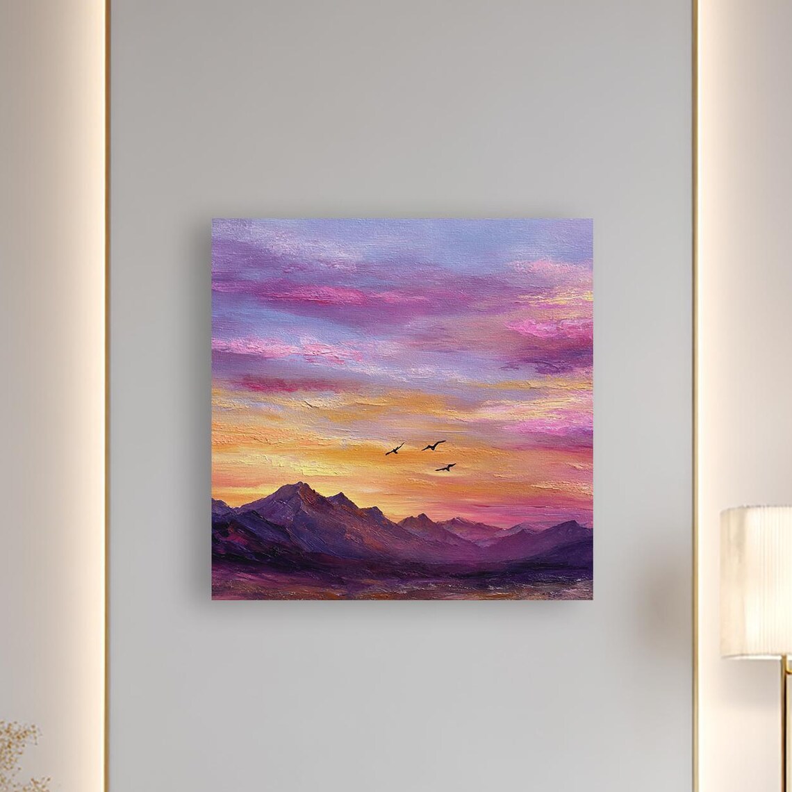 Sunset Mountain Landscape Purple Sky Birds Oil Painting Poster