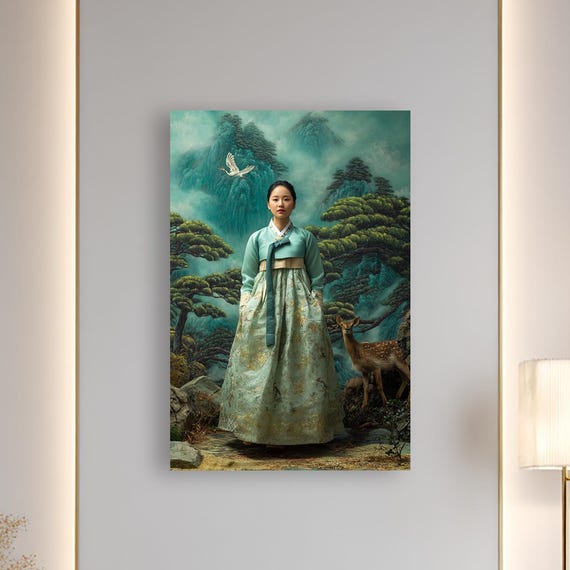 Korean Woman In Hanbok With Deer Traditional Asian Canvas Wall Art Elegant Oriental Decor