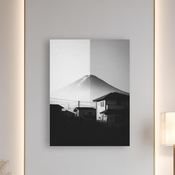 Mount Fuji Monochrome Minimalist Japan Landscape Canvas Wall Art Serene Black White Decor