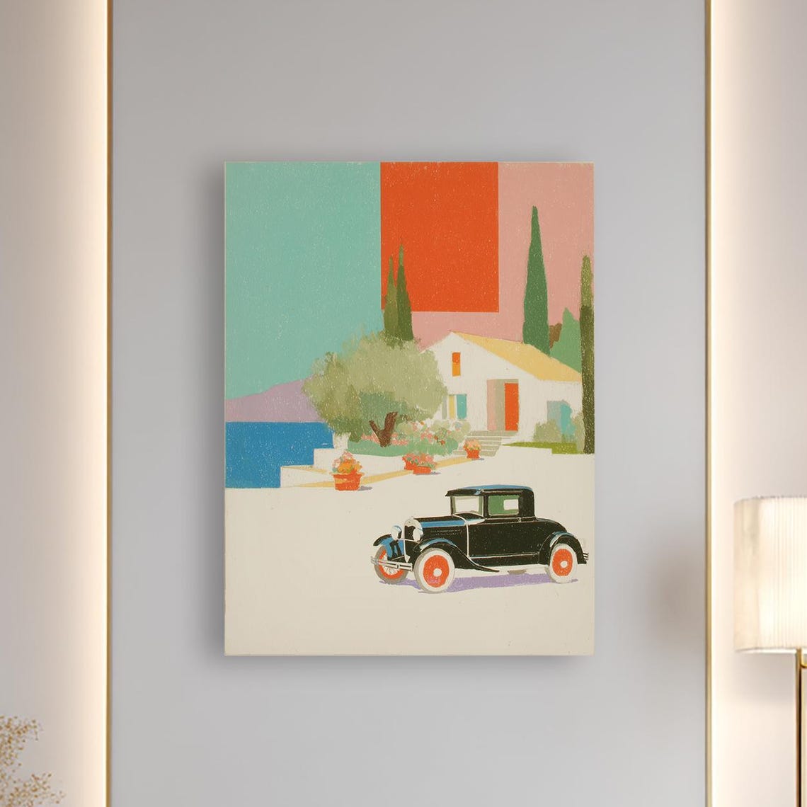 Vintage Black Car Mediterranean Villa Retro Automobile Art Poster