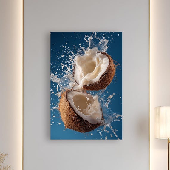 Splashing Coconut Tropical Kitchen Wall Art Fresh Fruit Photography Print