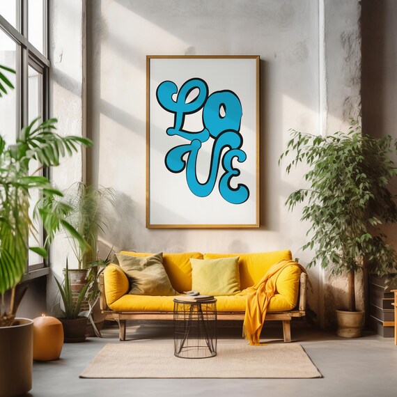 Love Blue Groovy Bubble Letter Retro Typography Wall Decor Poster