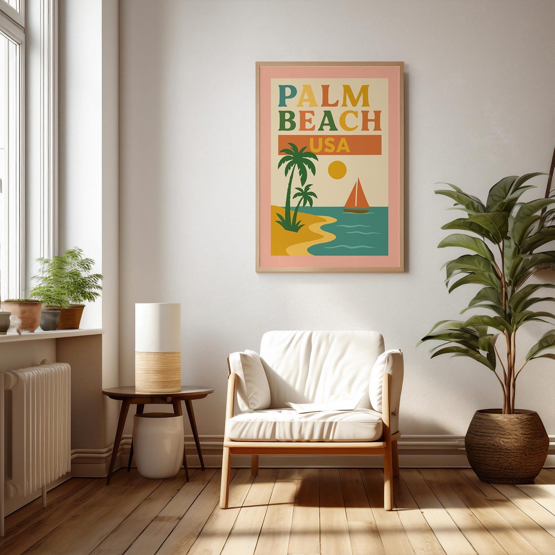 Palm Beach USA Retro Travel Poster Palm Tree Sailboat Ocean Summer Art - Image 2