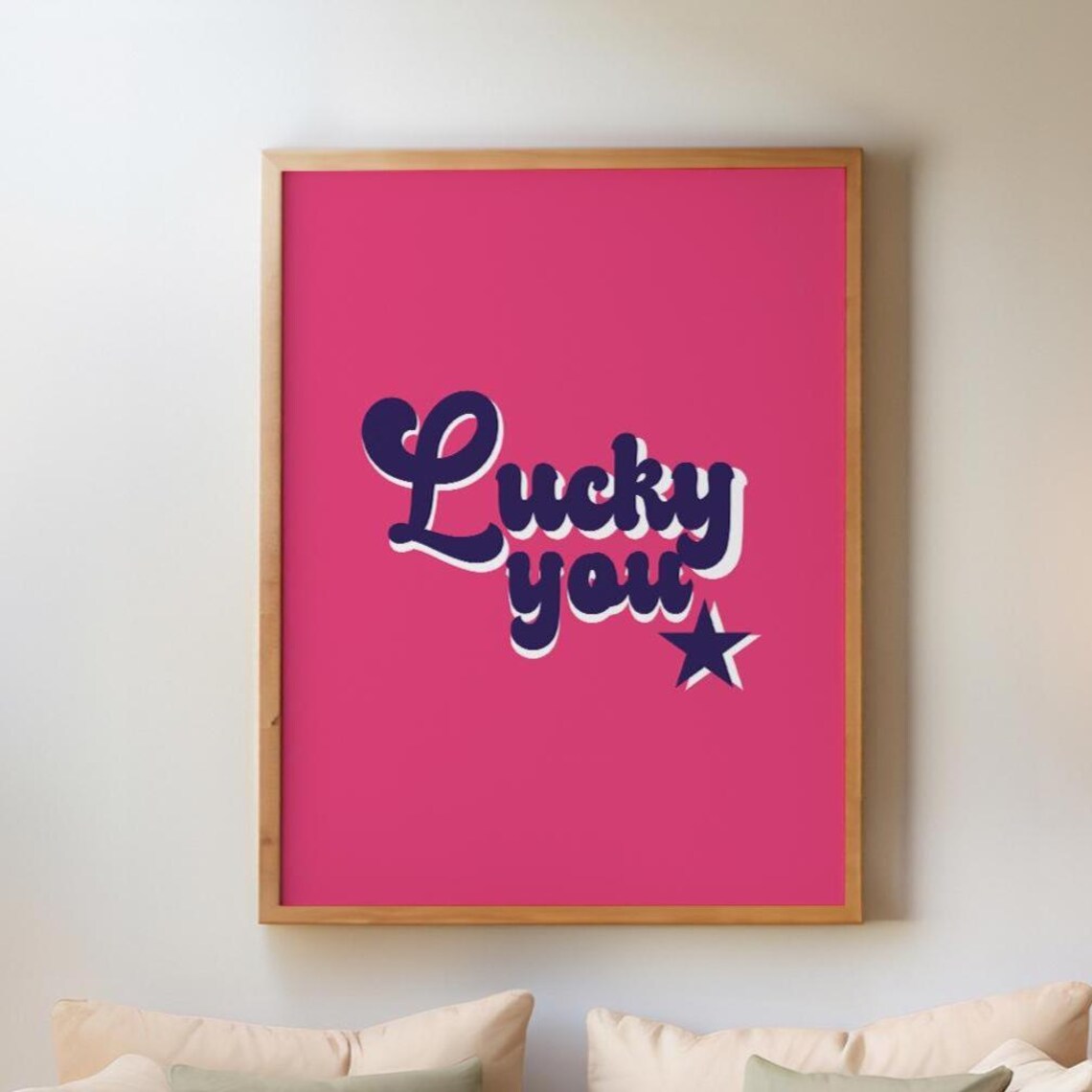 Lucky You Retro Pink Pop Art Navy Script Star Fun Quote Poster