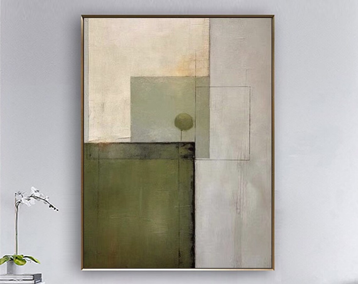 Cream Beige Olive Geometric Block Minimalist Abstract Painting Poster