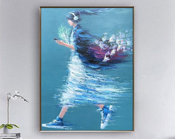 Woman With Headphones Walking Teal Impressionist Figure Painting Poster
