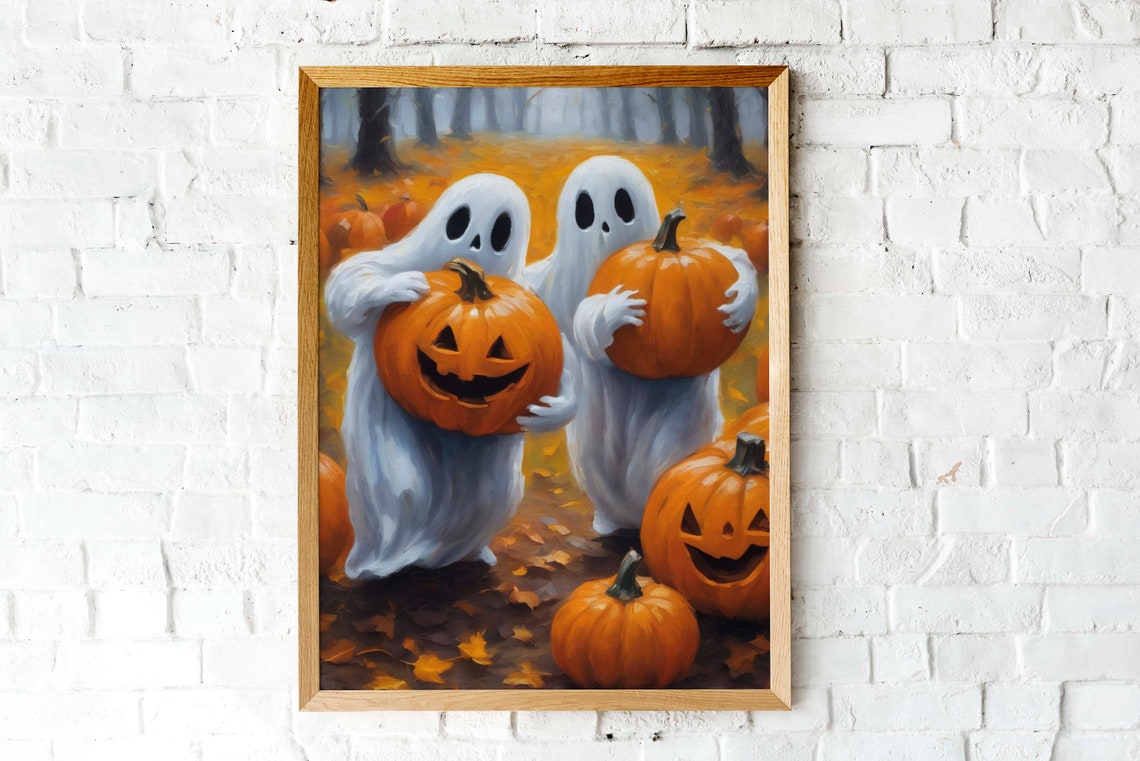 Cute Ghosts Holding Pumpkins Jack O Lanterns Halloween Art Poster