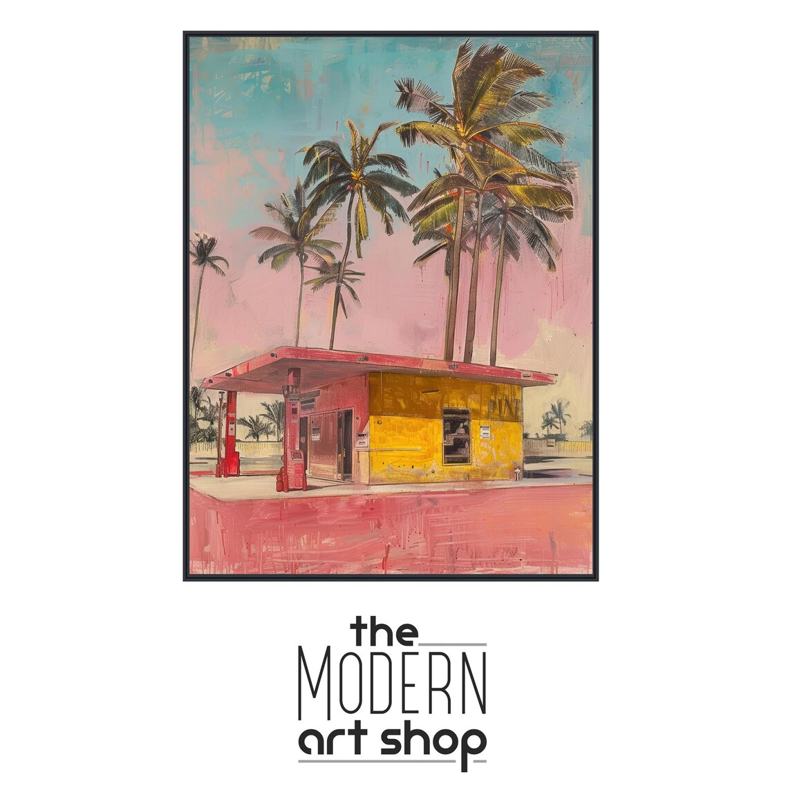 Retro Gas Station Painting Palm Trees Pink Sky Vintage Wall Poster - Image 4