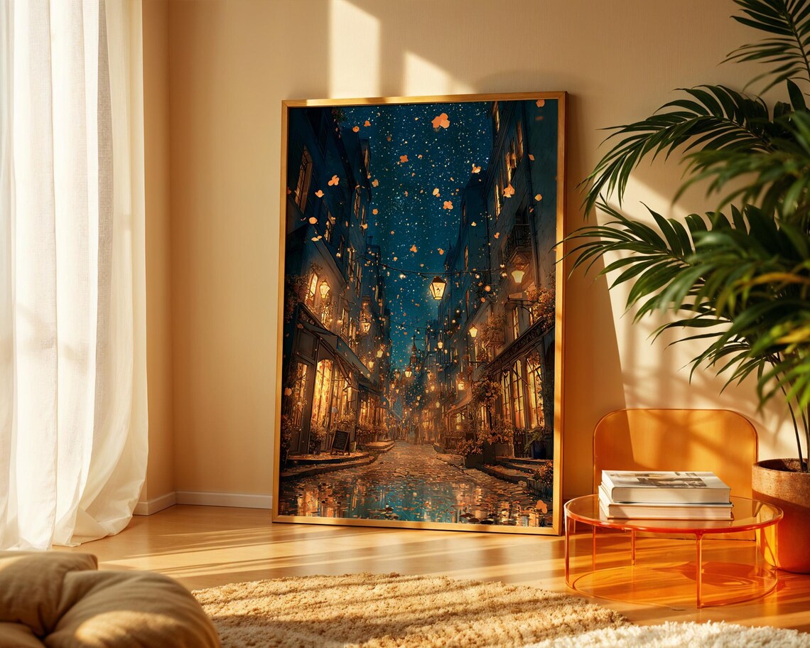 Rainy Old Town Street At Night With Glowing Lamps Art Poster