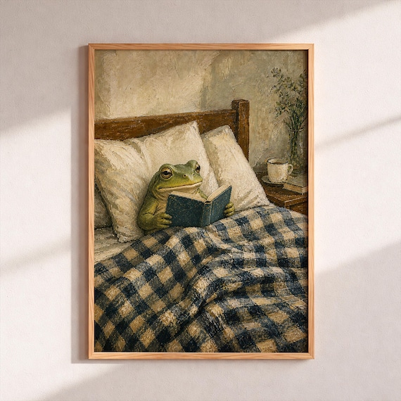Cozy Frog Reading In Bed Whimsical Animal Art Cottagecore Wall Dark Academia Decor Vintage Poster Print