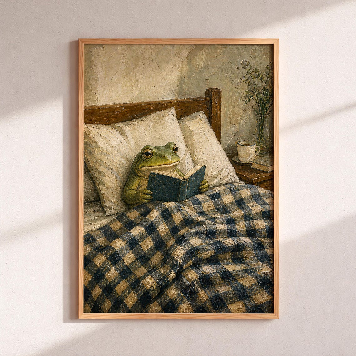 Cozy Frog Reading In Bed Oil Painting Poster Cottagecore Animal Art