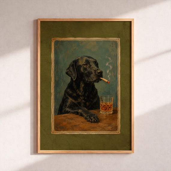 Vintage Black Labrador Art Print Funny Cigar Smoking Dog Drinking Whiskey Poster Bar Wall Decor Pet Portrait Man Cave