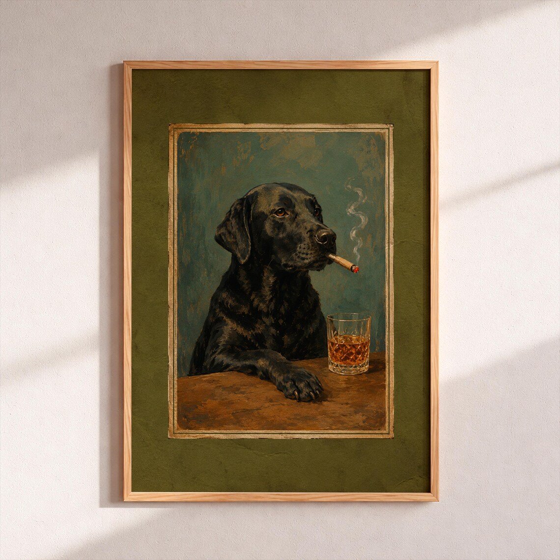 Black Labrador Cigar Whiskey Poster Vintage Oil Painting Gentleman Dog Art