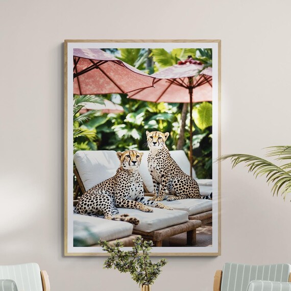 Fine Art Cheetahs By Pool Print Exotic Poolside Framed Photography Luxury Wildlife Wall Tropical Home Decor