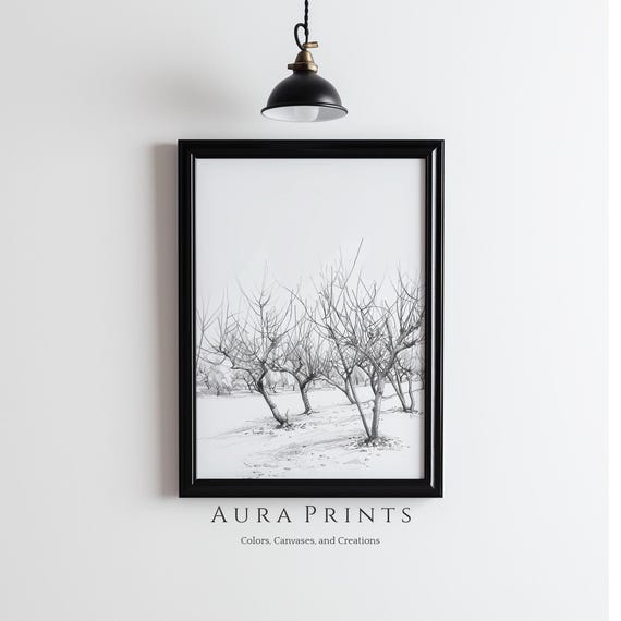 Orchard Scene Antique Farmhouse Pencil Art Neutral Nursery Cottage Vintage Wall Decor Gift 1150