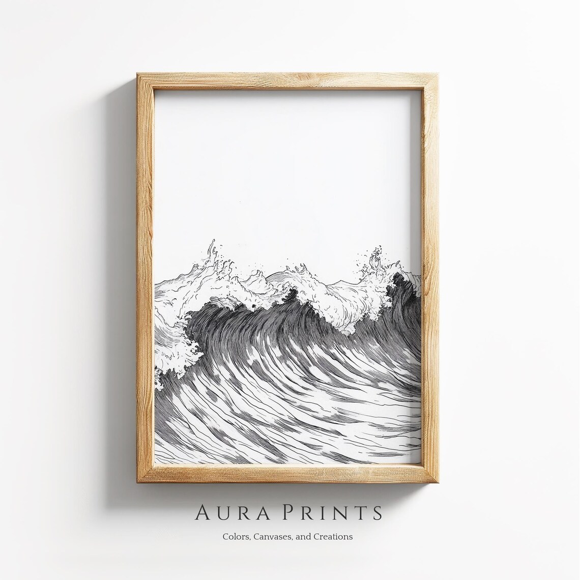 Ocean Waves Pencil Sketch, Neutral Vintage Art Print