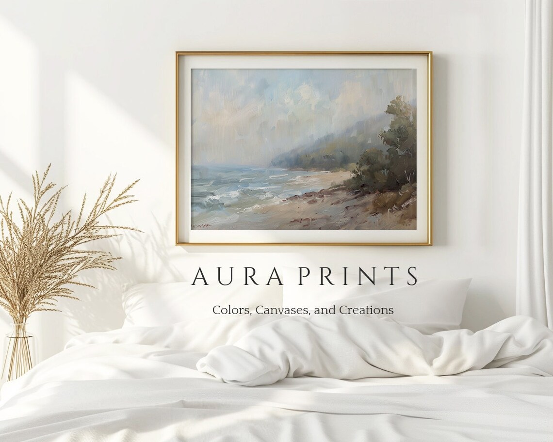 Soft Blue Serene Coastal Shoreline Misty Waves Oil Painting Wall Art