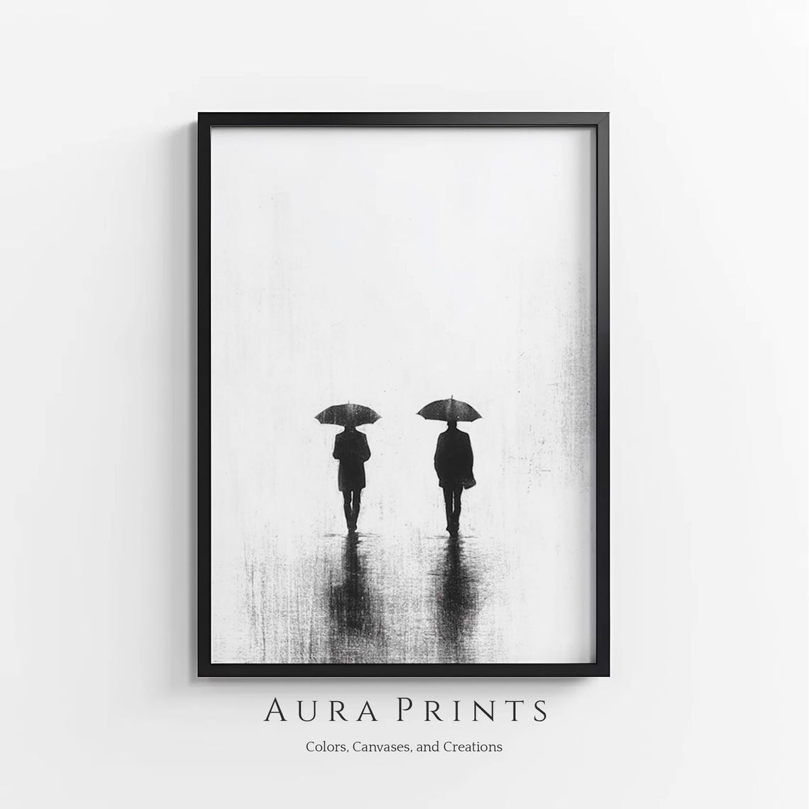 Two Figures With Umbrellas Rain Minimalist Black White Art Poster