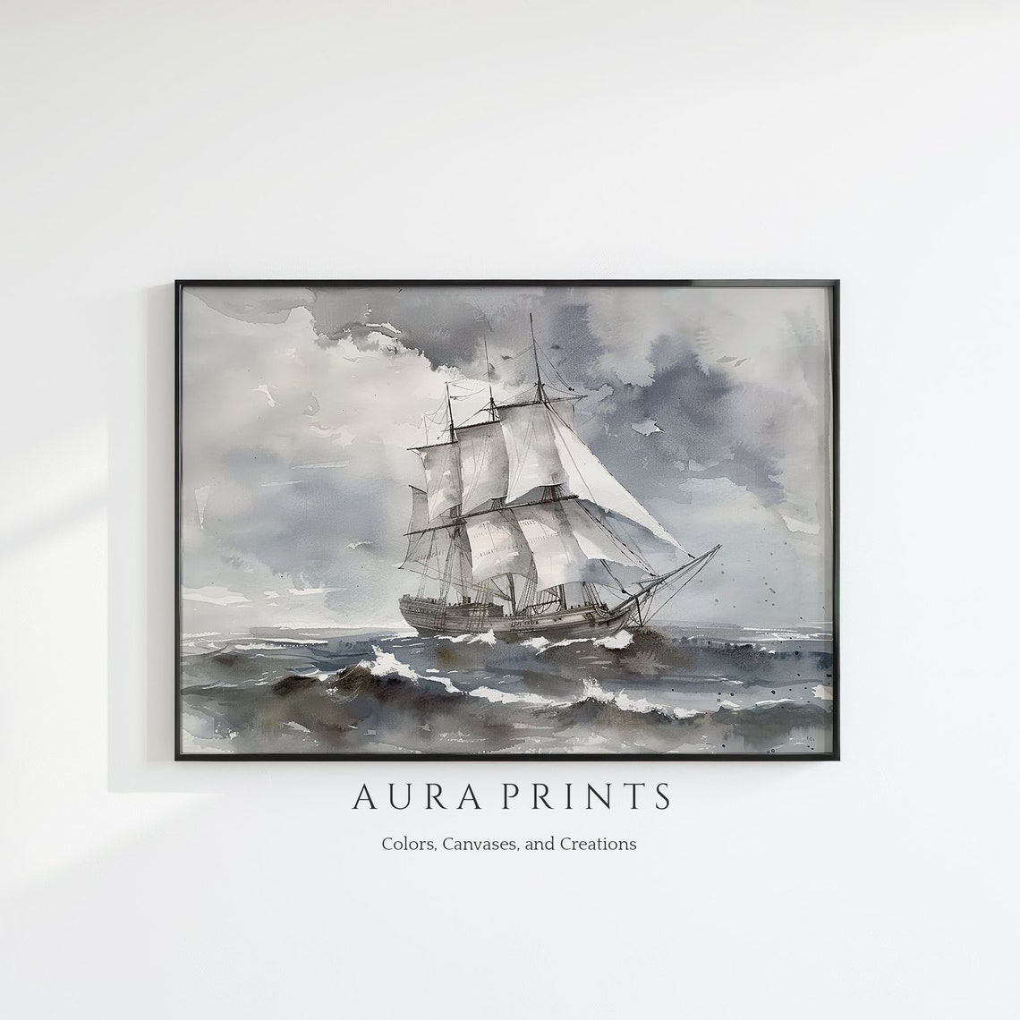 Tall Sailing Ship Stormy Sea Monochrome Watercolor Nautical Poster