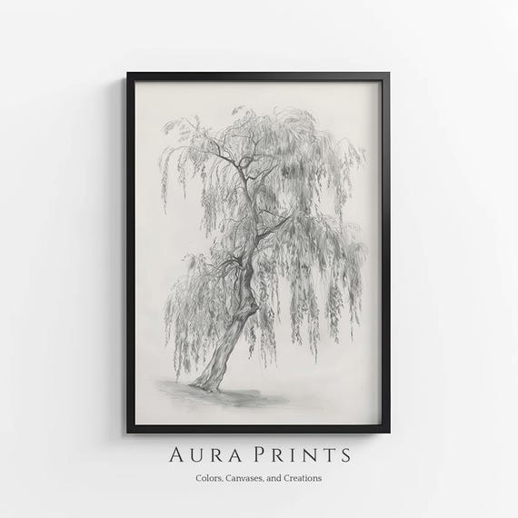 Farmhouse Willow Tree Pencil Art Neutral Wall Decor Cottage Vintage Gift Antique Nursery Sketch 1135