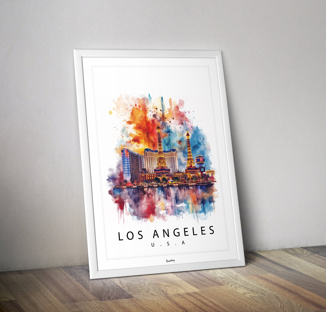 Los Angeles USA Watercolor Night Skyline Poster with Reflection