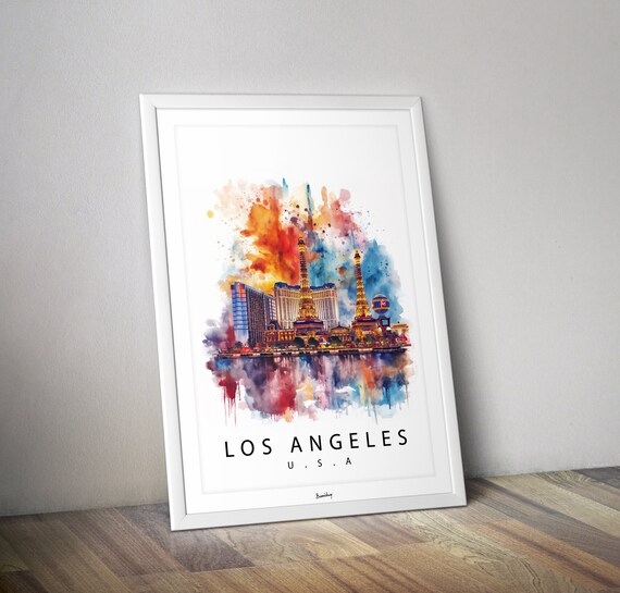 Los Angeles USA Watercolor Night Skyline Poster with Reflection