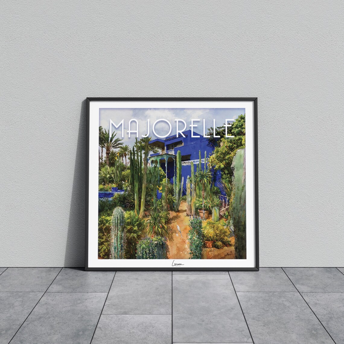 Majorelle Cactus Garden Blue Villa Sandy Path Watercolor Marrakech Poster