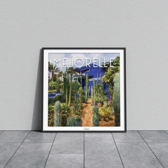 Majorelle Cactus Garden Blue Villa Sandy Path Watercolor Marrakech Poster