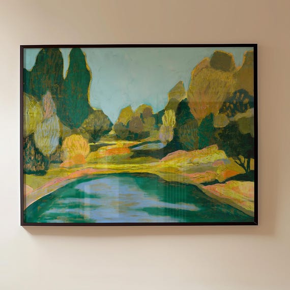 Natural Pool Midcentury Modern Nature Scene Giclee Art Print Green Blue Tones Oil Pastel Trees Wall Decor Boho Eclectic Original