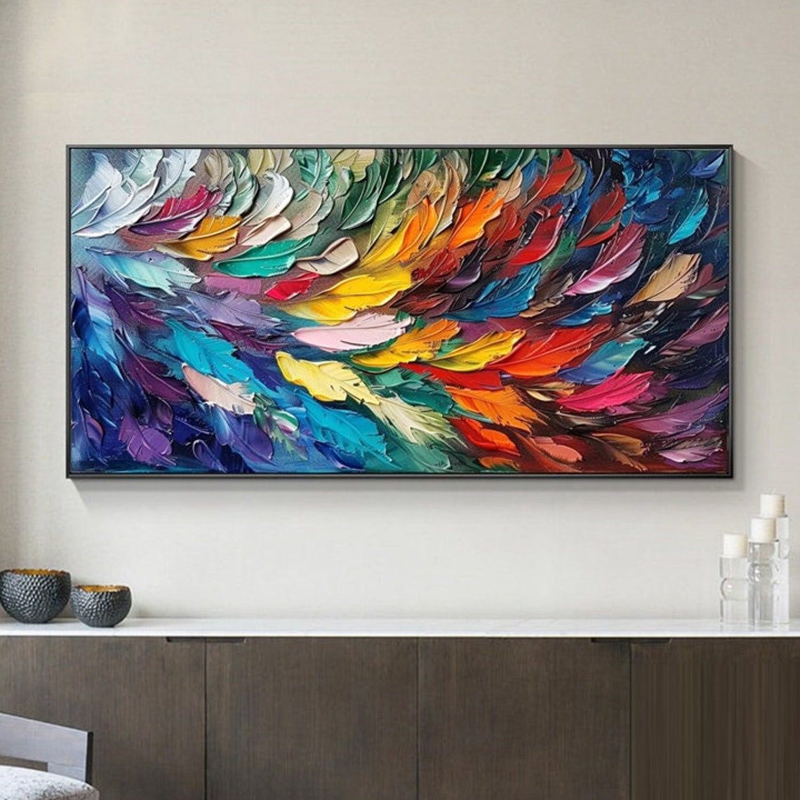 Rainbow Feather Cascade in Vibrant Colorful Modern Artwork Poster