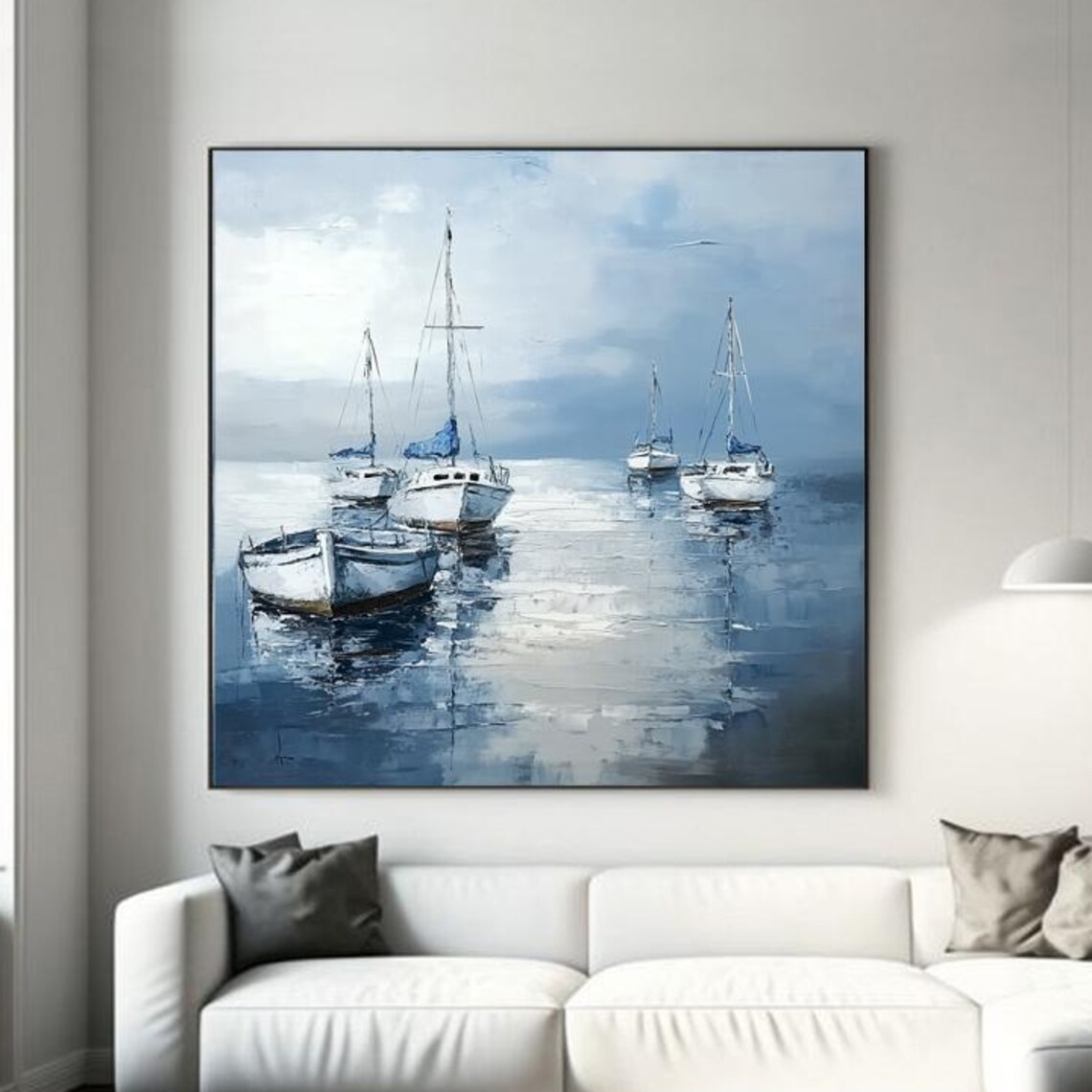 White Sailboats Anchored In Calm Blue Harbor Hand Painted Art Poster - Image 6